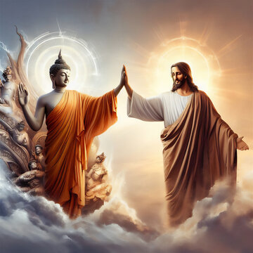 buddha and jusus christ dynamic high-five, generative ai