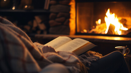 a person sits on a couch wrapped in a blanket and reads a book by the fireplace 