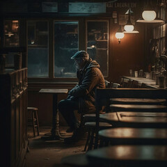 man sitting alone in empty dark diner - obrazy, fototapety, plakaty