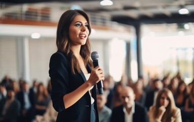 Female business speaker giving a talk at a business conference event. Generative AI - obrazy, fototapety, plakaty