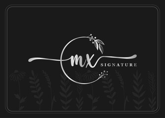 logotype gold signature initial mx logo design isolated leaf and flower