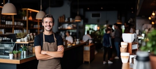 Portrait of a handsome barista in apron standing at a modern coffee shop, Small business owner, entrepreneur  - obrazy, fototapety, plakaty