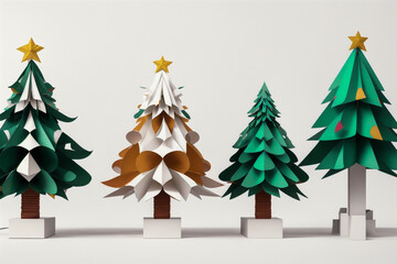 Paper cut Christmas trees and presents, gifts. Winter background. Christmas card,Ai generative
