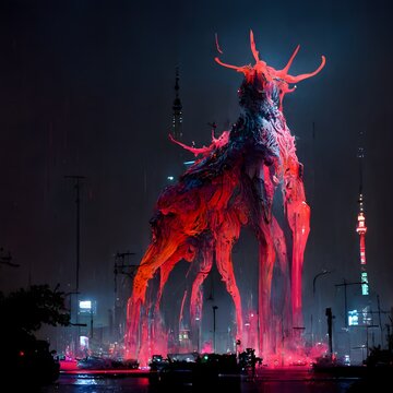 380 foot tall Gaint anthropomorphic deer kaiju with glowing red eyes Roaming the city of Tokyo night time rainy Walther vibrant colors highly detailed bloodborne artstation octane rendered wide view 