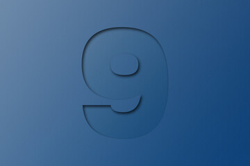 Blue paper font number 9 isolated on blue background.