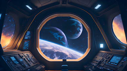 spaceship interior with a view out a dark window