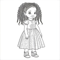 Fototapeta na wymiar childrens coloring page full body five year old happy african girl with thick braids wearing a dress line art vector art 
