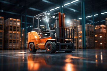 forklift truck in warehouse. Logistics and distribution center for product delivery. Generative AI