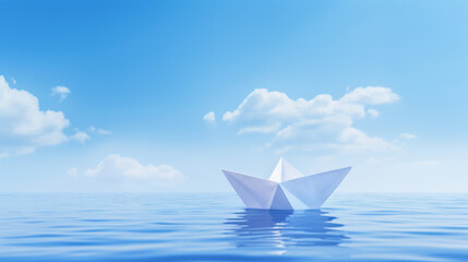 Obraz premium A white paper ship floating in the sea against a blue sky.