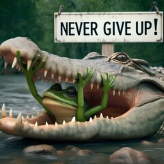 Never Give Up - Frog in Alligator's Mouth