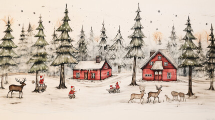 色鉛筆で描いた雪の森の中の小屋とトナカイのイラスト - obrazy, fototapety, plakaty
