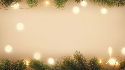 Soft Christmas lights from a garland with Christmas tree branches on a beige background