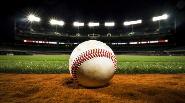 Close up of a Baseball ball in the center of the stadium