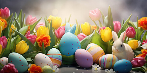 Happy Easter background with tulips and decorative eggs