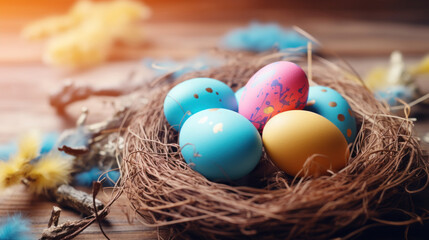 Fototapeta na wymiar Multi-colored Easter eggs in a nest.
