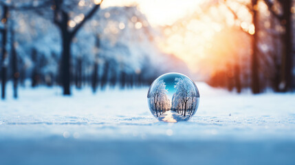 雪が積もった木の街道のボケの背景に、木が綺麗に写ったガラス玉が雪の上にある写真