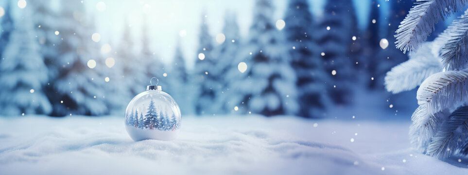 もみの木と光のボケの背景にクリスマスツリーのオーナメントが雪の上にある写真