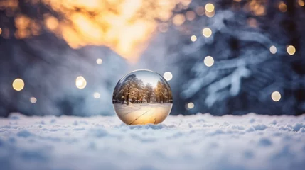 Fotobehang 雪が積もった木の街道のボケの背景に、木が綺麗に写ったガラス玉が雪の上にある写真 © dont