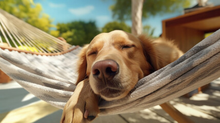 Happy close-up of a dog sleeping in a hammock.