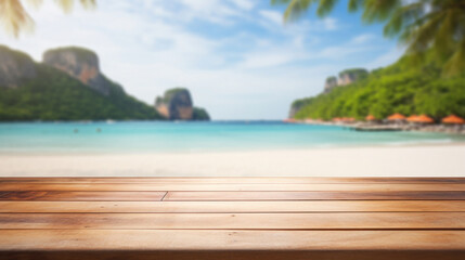 Fototapeta premium Empty wooden table top with blur background of the beach