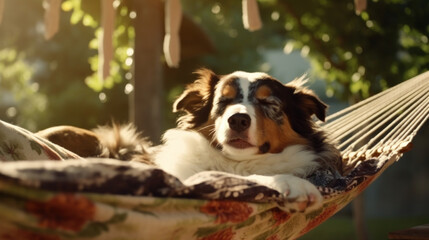 Happy close-up of a dog sleeping in a hammock.