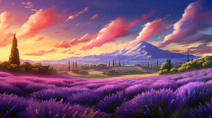 Wallpaper of a beautiful lavender field landscape. Generated with AI Tool - obrazy, fototapety, plakaty