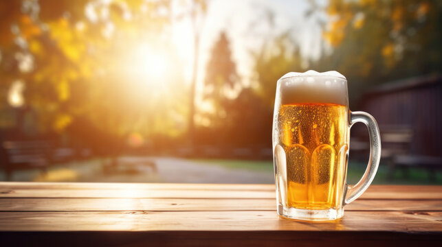 Beer mug on a wooden table blur sunny background