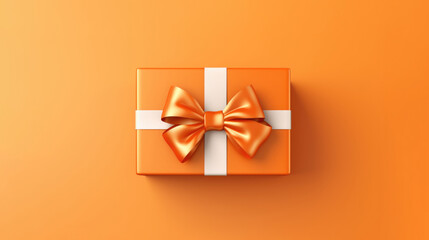 Top view of orange gift box with ribbon and bow isolated on orange background. - obrazy, fototapety, plakaty