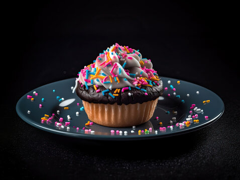 Frosted cupcakes on a plate placed on a black background, food photography,Sweet Delight: A Cupcake’s Rainbow Whirl,cupcakes on a plate,cupcake with icing and sprinkles