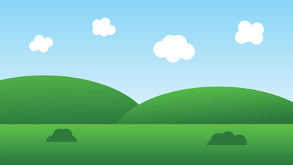 landscape cartoon scene with green hills and white cloud in summer blue sky background
