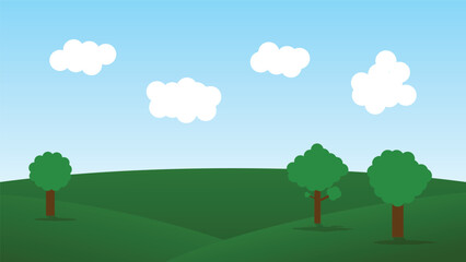 landscape cartoon scene with green hills and white cloud in summer blue sky background
