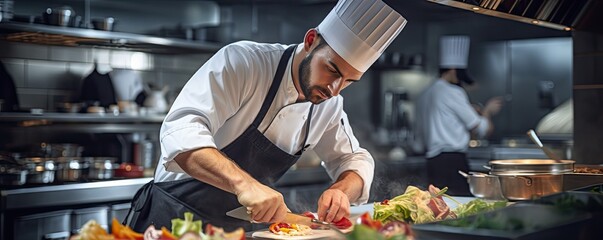 Chef preparing a salad in a restaurant for visitors. Cook man neatly decorates the dish. Young professional chef adding some piquancy to meal. Photo format 5:2. - obrazy, fototapety, plakaty