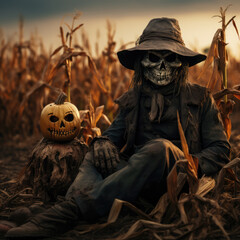 A scary garden scarecrow sits with a Jack-o-lantern in a corn field. Halloween design. AI generated
