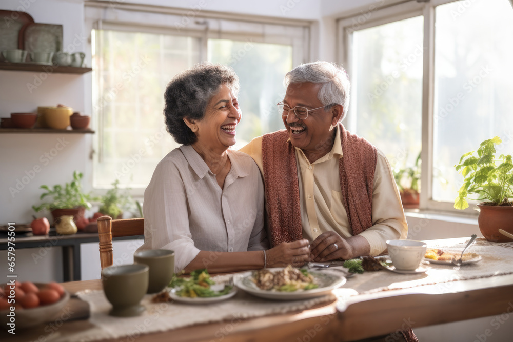 Wall mural indian senior couple cooking and having dinner together in kitchen house background.