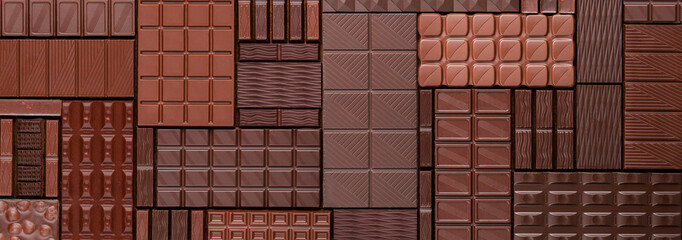 Various chocolate bar, top view. Delicious cocoa dessert, food background.