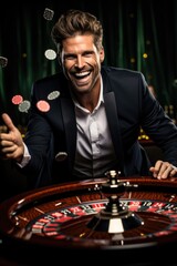 Fototapeta na wymiar A happy joyful man won in Casino. Generative AI