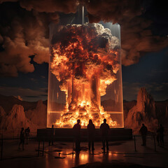Glass Cube with Flames and Smoke, Concept Art, Scenography,Spectators of a Contained Inferno