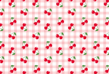 seamless pattern with cherries and gingham for banners, cards, flyers, social media wallpapers, etc. - obrazy, fototapety, plakaty