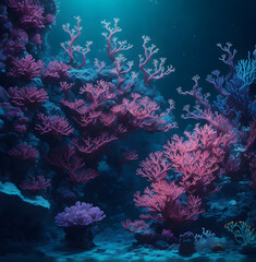 Fototapeta na wymiar Dive into a surreal underwater garden with neon corals glowing in the dark abyss. Discover the mesmerizing beauty of the deep sea
