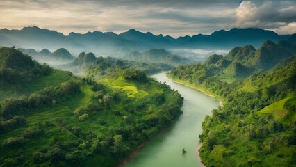 Obraz premium Scenery of the environment of the forest river landscaped with green forest.