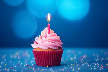 The close up of a pink cream cupcake with rainbow sprinkle and a lighted candle isolated on a blue background, Generative AI.