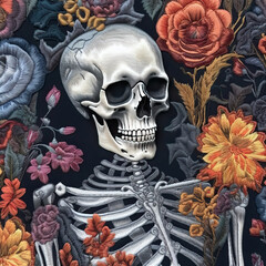 Skulls and flowers in delicate embroidery.,Gothic Elegance: A Skeleton Amidst a Floral Symphony