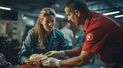 Male Trainer Instructs a Woman in Scrubs on Cardiopulmonary Resuscitation (CPR) Using a First Aid Training CPR Dummy - obrazy, fototapety, plakaty