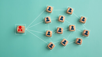 Manager and staff icon print screen on wooden cube block with connection link network for...