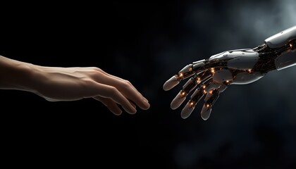 Human hand and robot hand, symbolizing the union of humanity, artificial intelligence, and technology