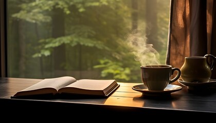 Open sacred book next to a coffee cup in a reading environment - obrazy, fototapety, plakaty