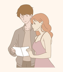 In love man and woman checking, looking at wedding invitation card. Newlywed couple holding valentine's greeting card. Hand drawn flat cartoon character vector illustration.