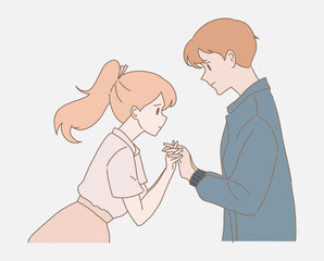 Sad couple separating, breaking up. Man holding woman's hands, saying goodbye. Long distance relationship. Hand drawn flat cartoon character vector illustration.