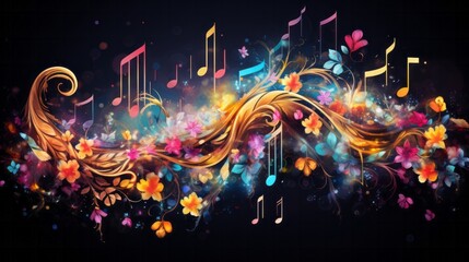 Artistic Colourful Music Notes and Floral Design.
 Music notes with floral elements on a dark background. - obrazy, fototapety, plakaty