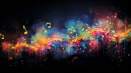 Keuken foto achterwand Abstract Music Wave. Abstract design of music notes flowing in a colourful wave, representing rhythm and motion. © AI Visual Vault